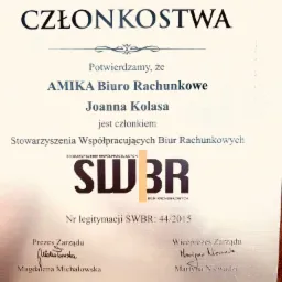 Certyfikat członkostwa biura rachunkowego AMIKA w Stowarzyszeniu Współpracujących Biur Rachunkowych SWBR, z podpisami Prezesa i Wiceprezesa Zarządu.