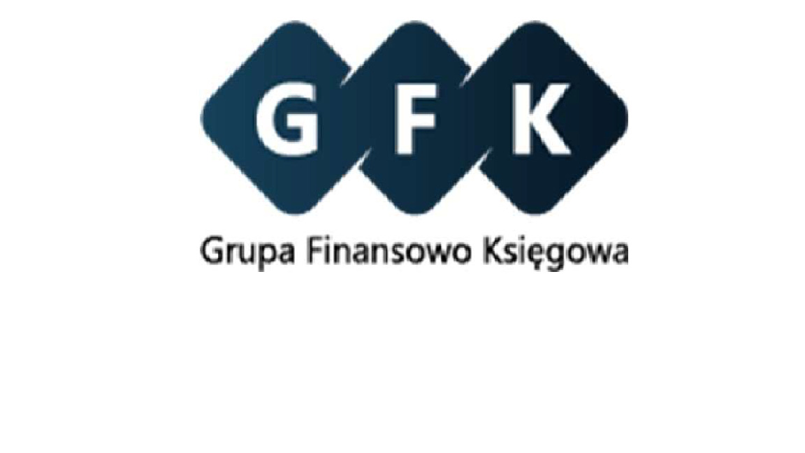 Logo firmy GFK Grupa Finansowo Księgowa. Trzy romby z literami G, F, K na białym tle. Prosty, nowoczesny design.