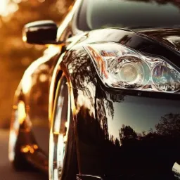 Błyszczący czarny samochód z chromowanymi felgami, uchwycony w ciepłym, zachodzącym słońcu, odbijającym się w lakierze i reflektorach.