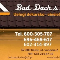 Wizytówka firmy dekarsko-ciesielskiej Bud-Dach s.c. z Kalisza, prezentująca logo z symbolem dachu i rynny, dane kontaktowe, adres i NIP.