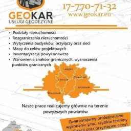 Reklama firmy geodezyjnej GeoKar z listą oferowanych usług, numerami telefonów, adresem strony internetowej i mapą powiatów, na których firma działa.