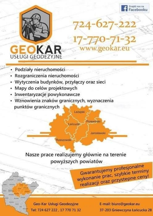 Reklama firmy geodezyjnej GeoKar z listą oferowanych usług, numerami telefonów, adresem strony internetowej i mapą powiatów, na których firma działa.