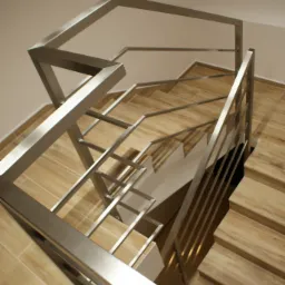 Nowoczesne schody z drewnopodobnych płytek z geometryczną, metalową konstrukcją balustrady, widok z góry.