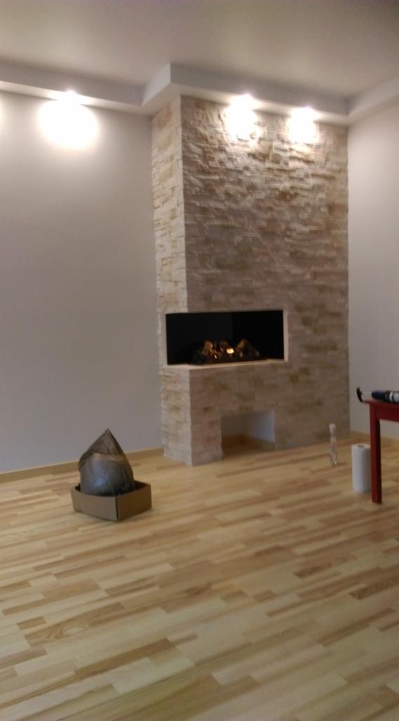 Nowoczesny kominek obłożony kamieniem dekoracyjnym w surowym wnętrzu, z paleniskiem zasilanym biopaliwem, na podłodze panele w odcieniach beżu i brązu.