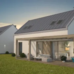 Wizualizacja dwóch nowoczesnych domów jednorodzinnych z szarymi dachami, drewnianymi pergolami i białymi elewacjami na tle zachodzącego słońca i górskiego krajobrazu.