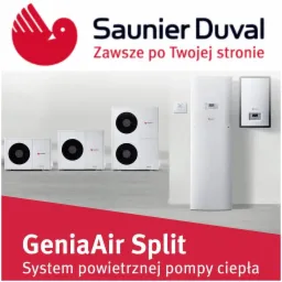 System powietrznej pompy ciepła Saunier Duval GeniaAir Split: jednostka zewnętrzna i wewnętrzna, z widocznym panelem sterowania na ścianie w minimalistycznym wnętrzu.