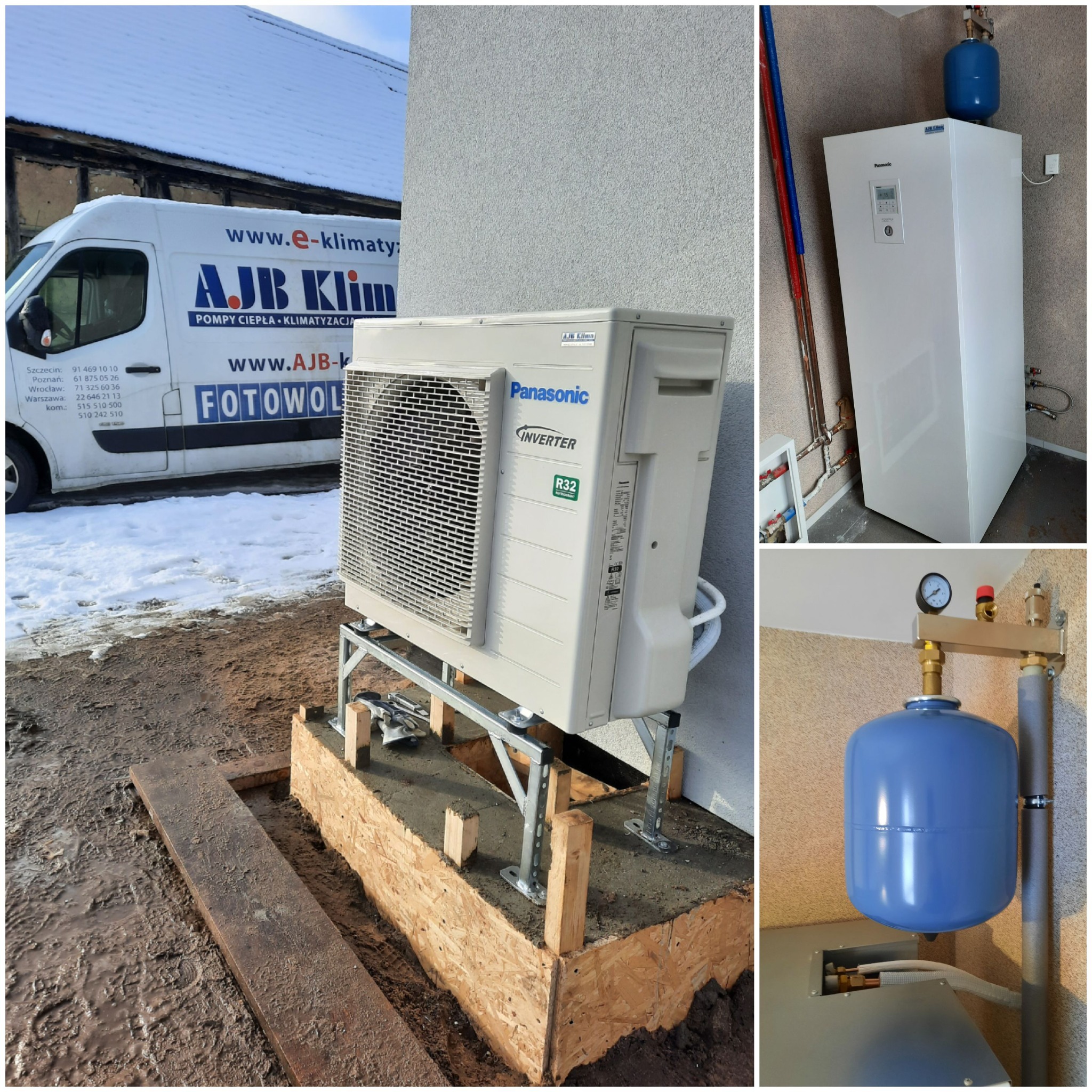Zewnętrzna jednostka pompy ciepła Panasonic Inverter R32 zamontowana na metalowej konstrukcji na betonowej podstawie w trakcie instalacji. W tle widoczny firmowy bus z logo AJB Klim i danymi...