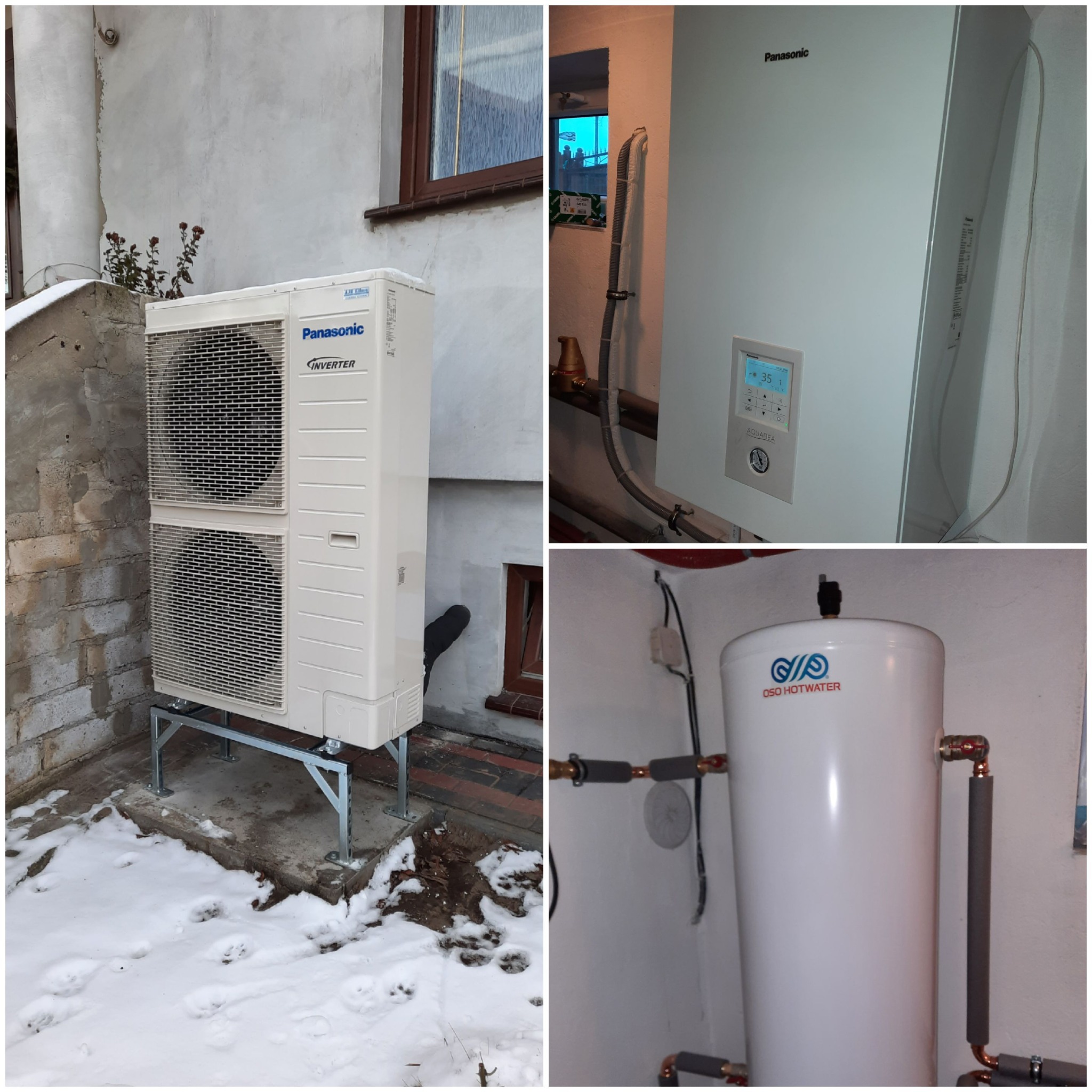 Zewnętrzna jednostka pompy ciepła Panasonic Inverter na metalowej konstrukcji, z widocznym śniegiem na ziemi. W tle ściana budynku. Wnętrze z jednostką pompy ciepła Panasonic Aquarea...