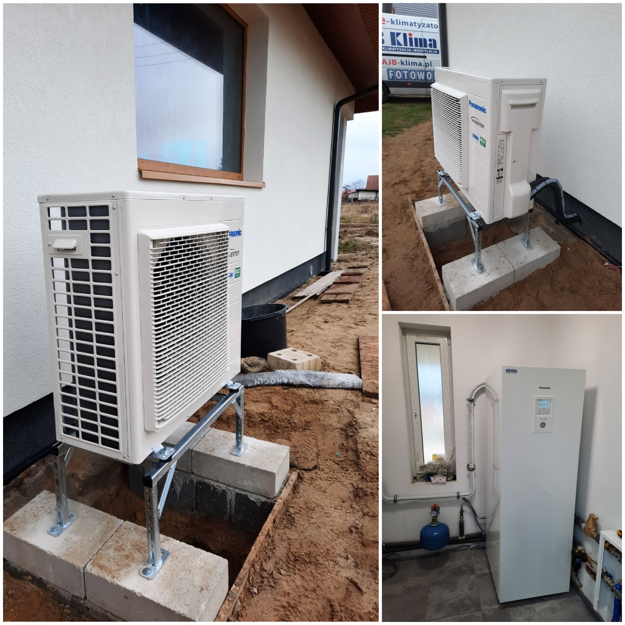 Montaż zewnętrznej jednostki pompy ciepła Panasonic w Szczecinie, widoczne betonowe bloczki fundamentowe i metalowa konstrukcja wsporcza. Na drugim ujęciu jednostka wewnętrzna z podłączonymi...