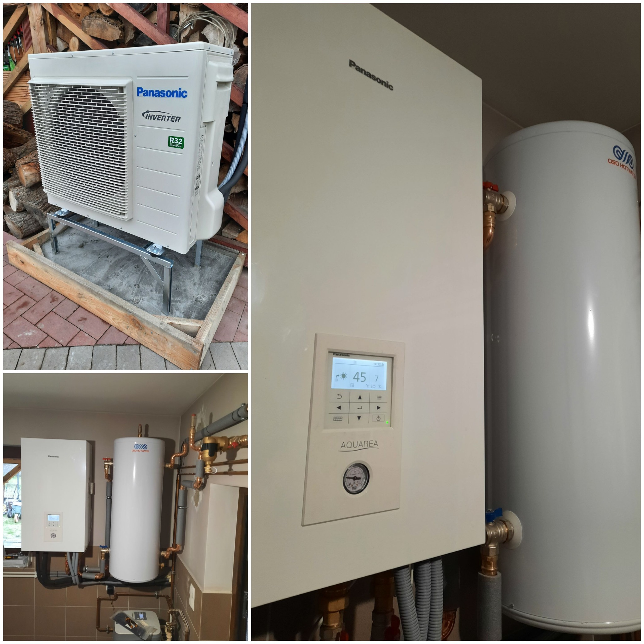 Zewnętrzna jednostka pompy ciepła Panasonic Inverter R32 zamontowana na metalowej konstrukcji z drewnianą ramą, obok stos drewna. Wnętrze kotłowni z pompą ciepła Panasonic Aquarea i zbiornikiem...
