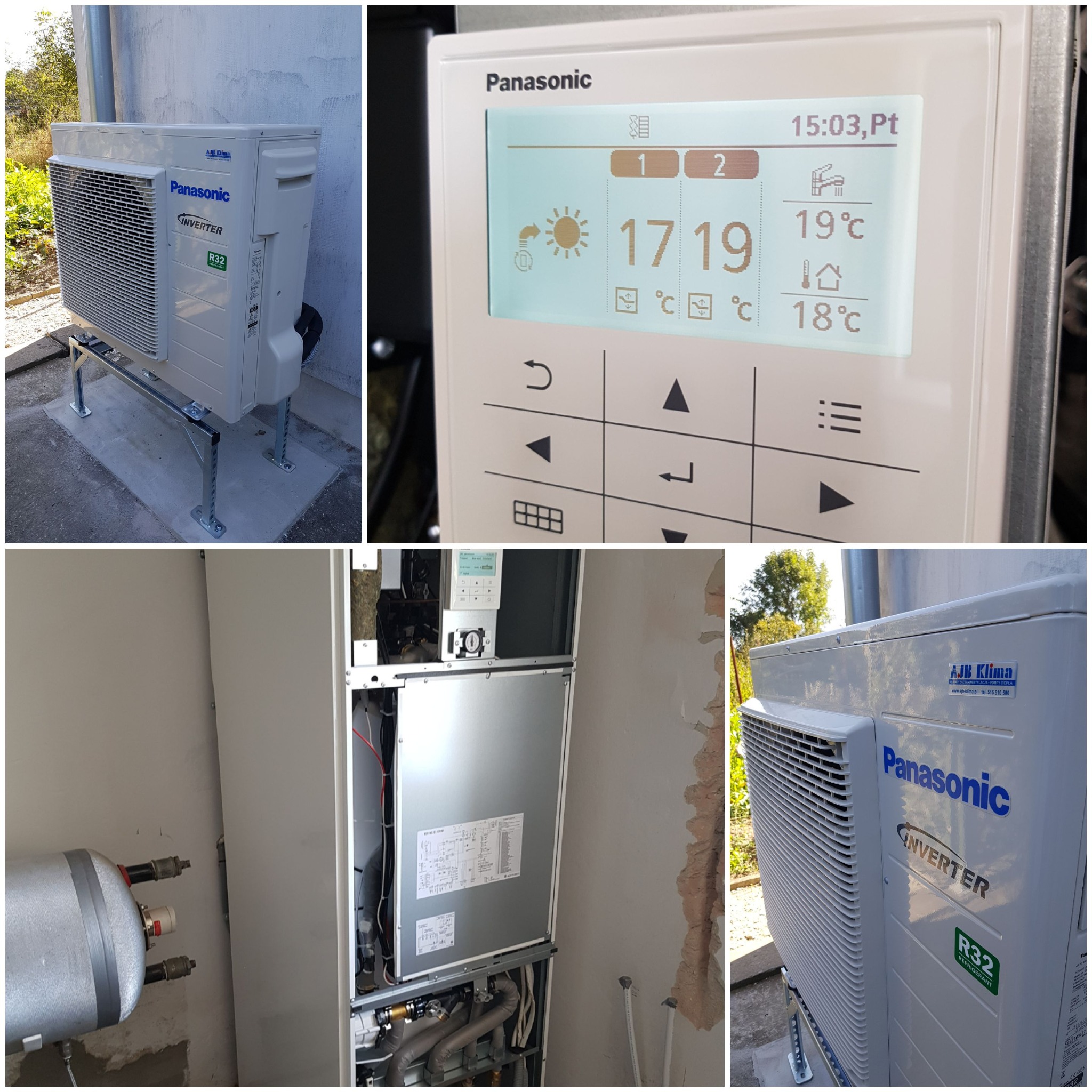 Zestawienie zdjęć: zewnętrzna jednostka Panasonic na metalowym stelażu, panel sterowania z wyświetlaczem pokazującym temperaturę i ustawienia, oraz wewnętrzna jednostka z podłączonym zbiornikiem...