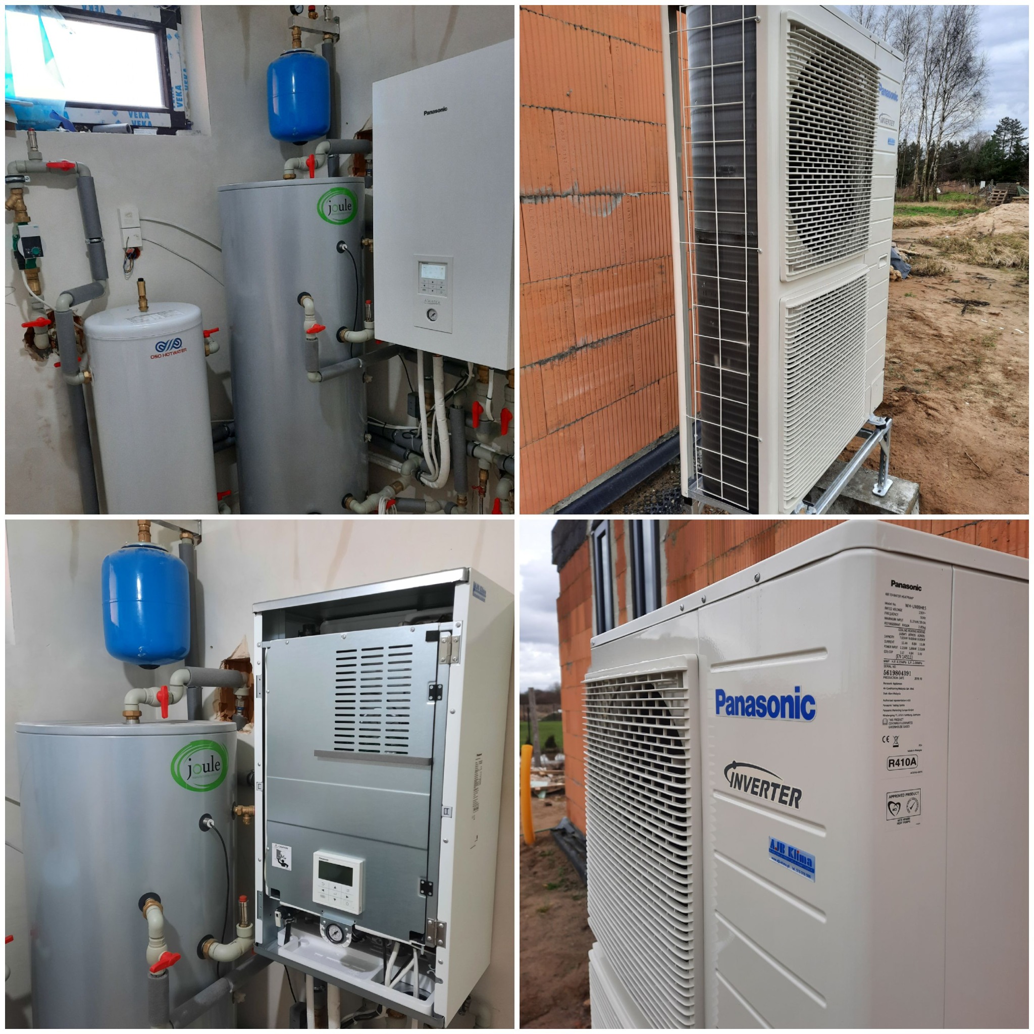 Kaskadowa instalacja dwóch zewnętrznych jednostek klimatyzacyjnych Panasonic Inverter na metalowym stelażu przy ścianie z cegły dziurawki oraz wewnętrzna instalacja z zbiornikami Joule i OSO...