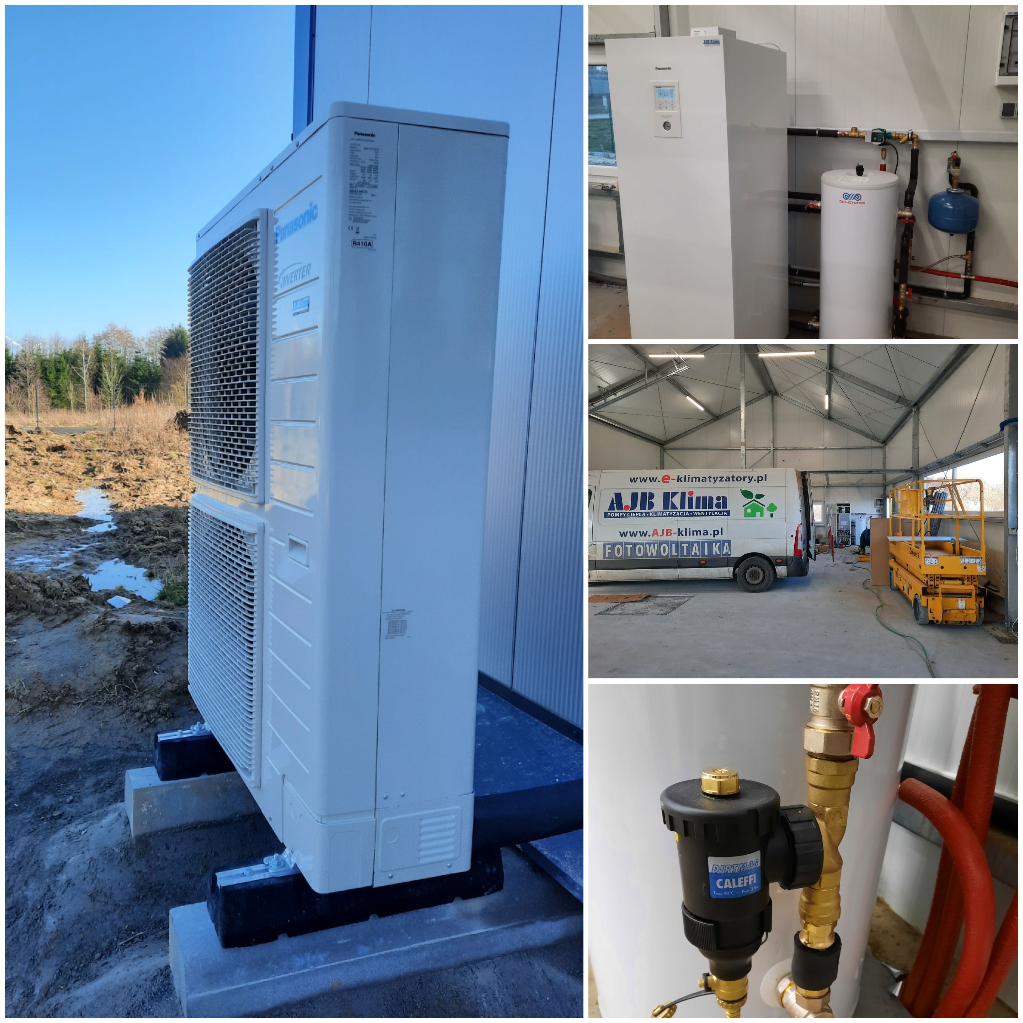 Zewnętrzna jednostka pompy ciepła Panasonic na betonowych podstawach, obok budynku z blachy trapezowej. W tle błotniste pole i drzewa. Na kolażu widoczna również jednostka wewnętrzna, firmowy van...