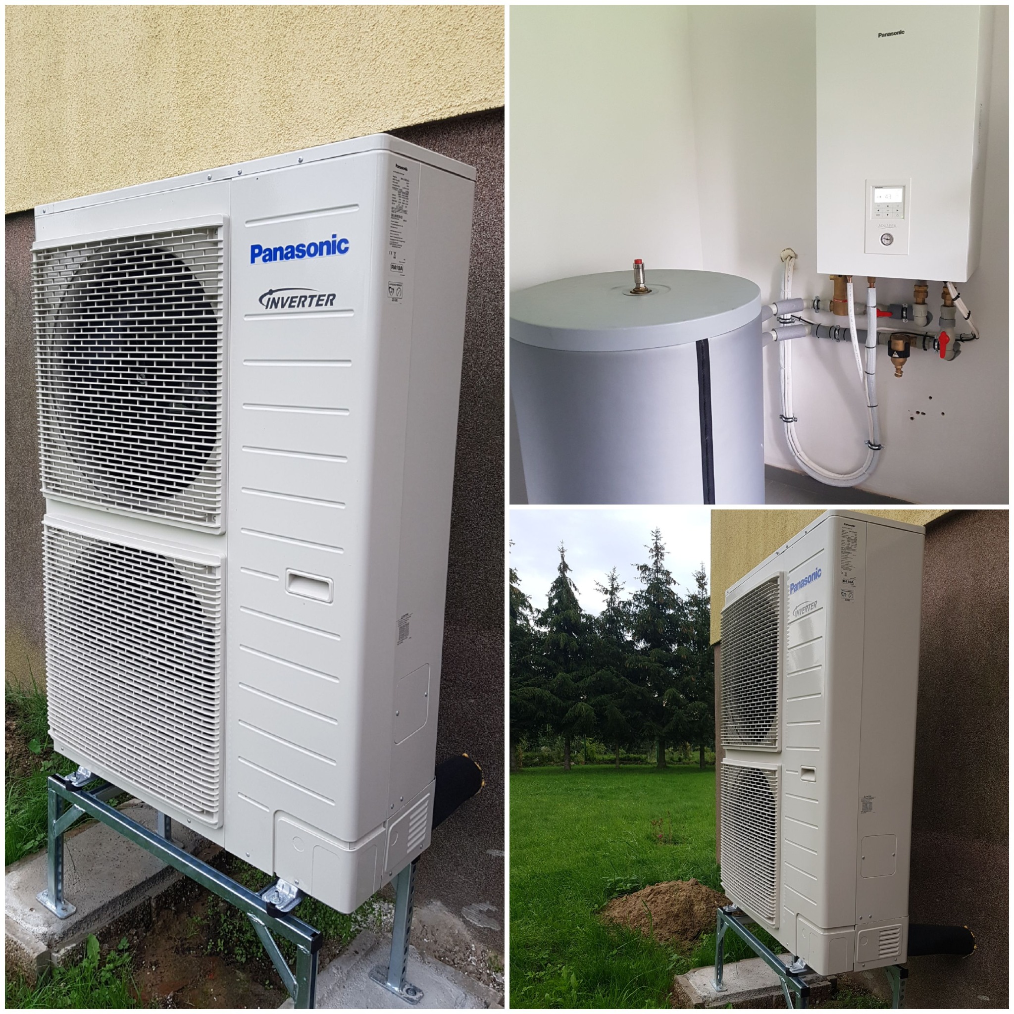 Zestawienie zdjęć: zewnętrzna jednostka klimatyzacyjna Panasonic Inverter zamontowana na metalowej konstrukcji przy ścianie budynku o teksturowanej elewacji, wewnętrzny zbiornik na wodę...