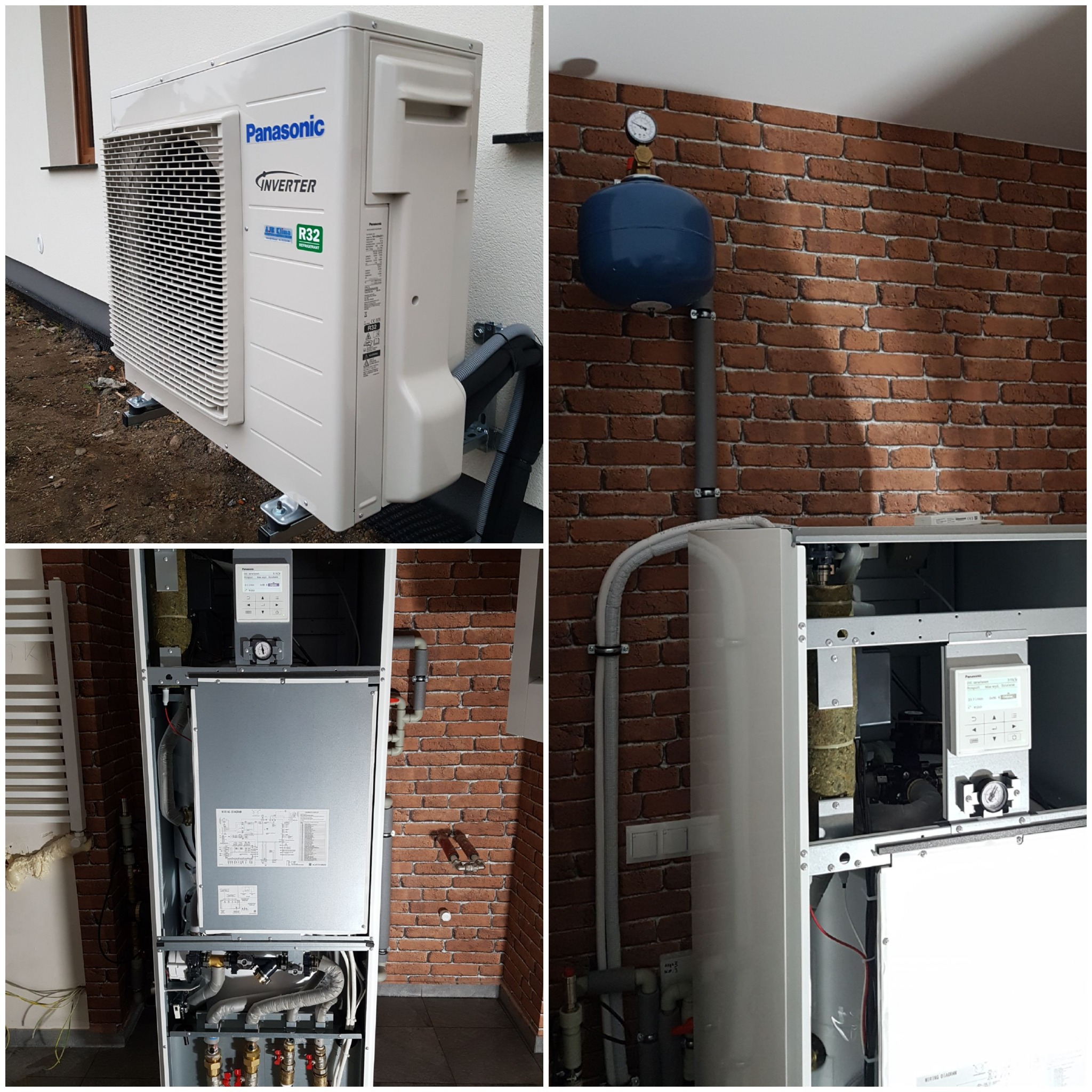 Zewnętrzna jednostka pompy ciepła Panasonic Inverter R32 zamontowana przy białej ścianie budynku, wnętrze kotłowni z instalacją hydrauliczną, zbiornikiem wyrównawczym i manometrem na tle ściany...