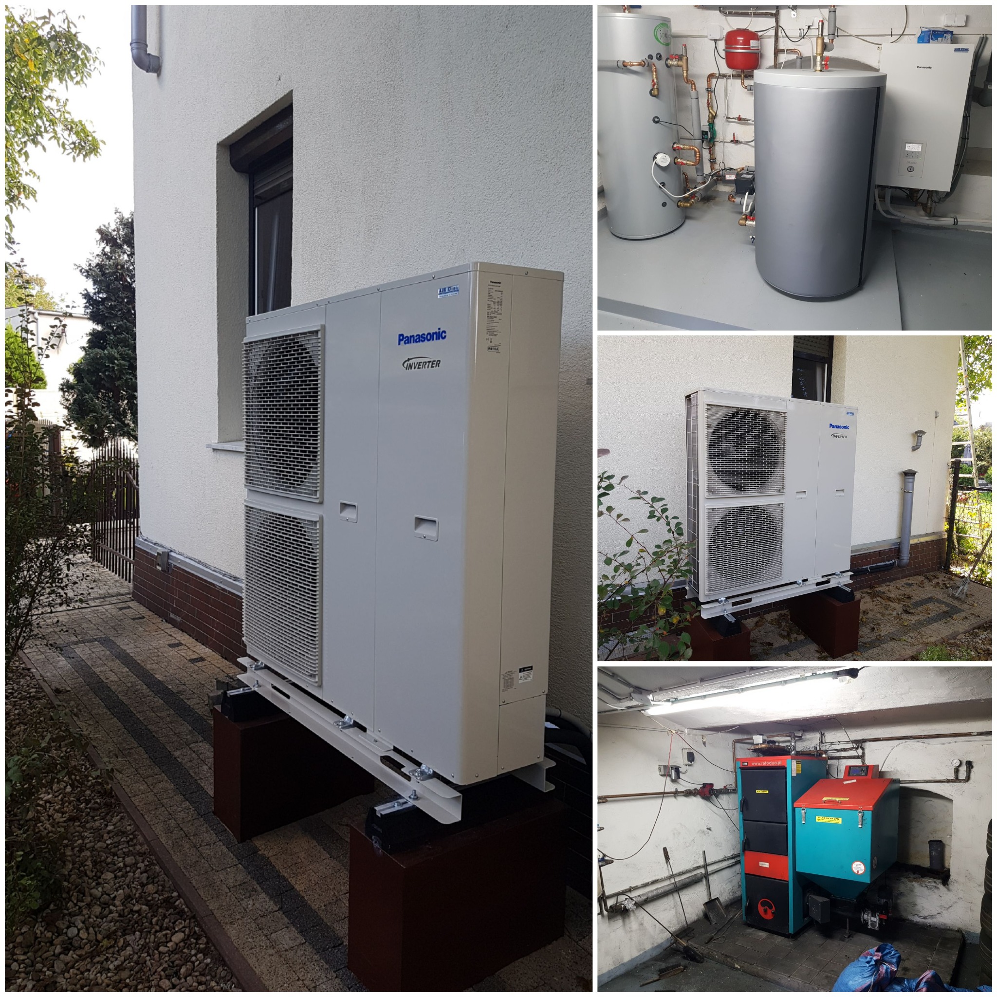 Zewnętrzna jednostka pompy ciepła Panasonic Inverter zamontowana na brązowych podstawach przy ścianie domu z widocznymi elementami instalacji wewnętrznej, w tle kotłownia z kotłem na paliwo stałe.