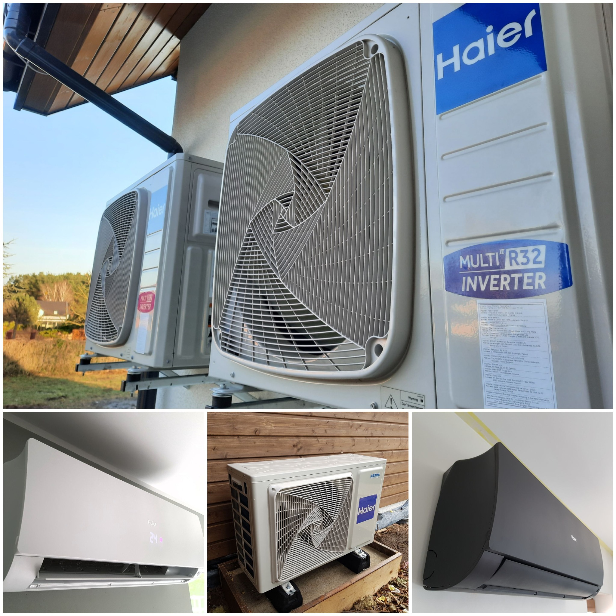 Zestaw klimatyzatorów Haier Multi R32 Inverter, jednostki zewnętrzne zamontowane na zewnątrz budynku, jednostki wewnętrzne w kolorze białym i czarnym, widok z różnych perspektyw.