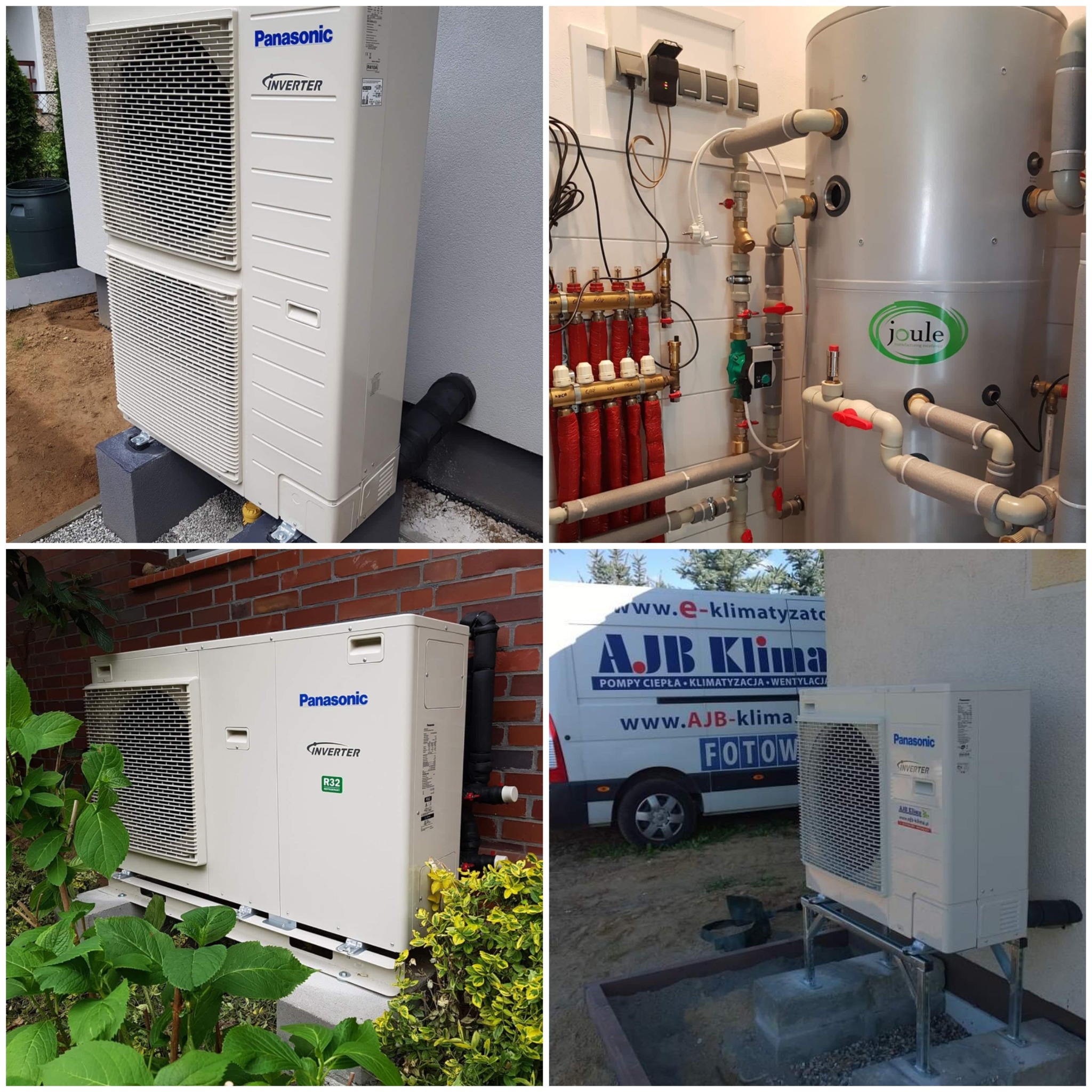 Zestawienie zdjęć: zewnętrzna jednostka klimatyzacji Panasonic Inverter na betonowych podstawach, instalacja hydrauliczna z zbiornikiem Joule, oraz firmowy bus z logo AJB Klima.