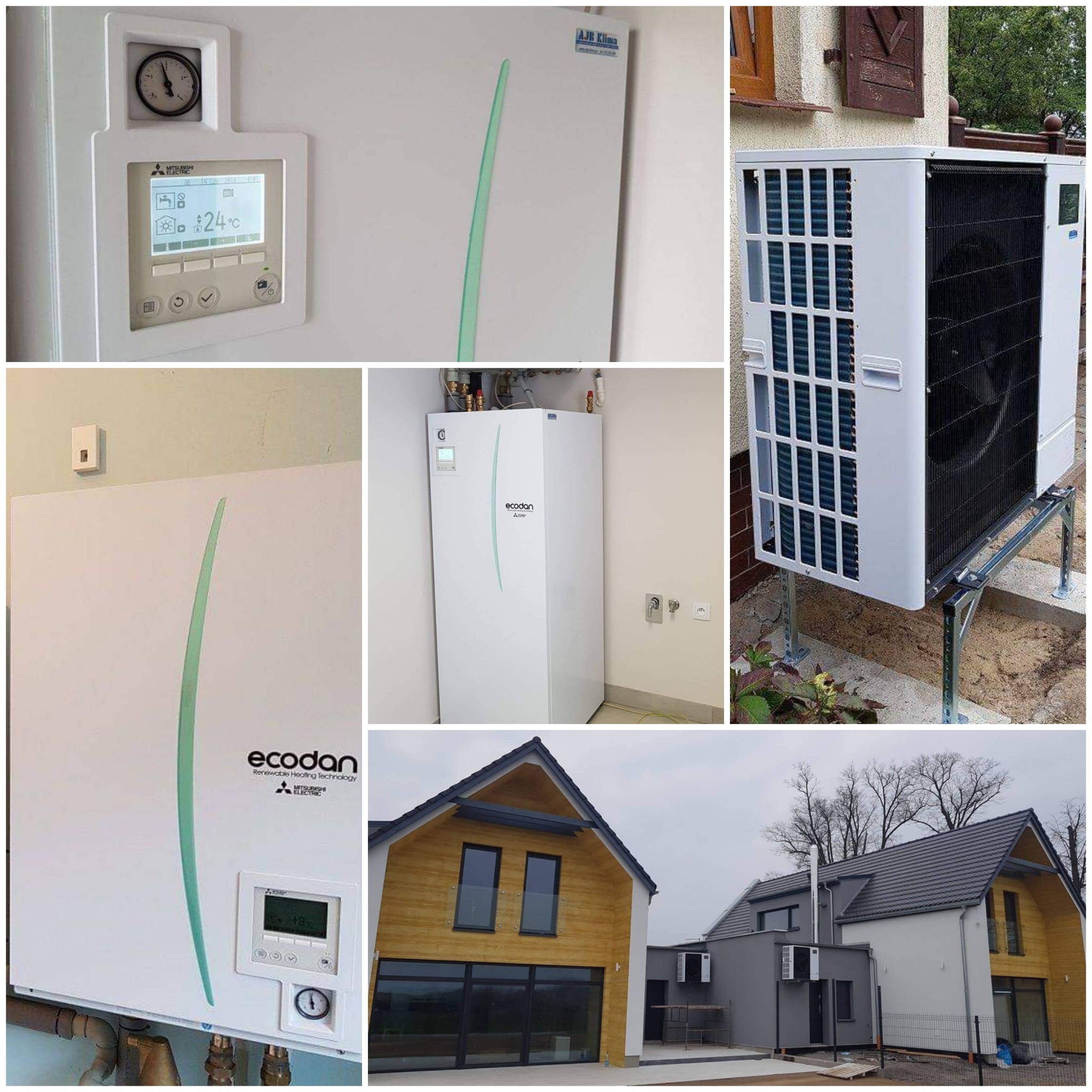 Zestawienie zdjęć: wewnętrzna jednostka pompy ciepła Ecodan Mitsubishi Electric z panelem sterowania, zewnętrzna jednostka na metalowej konstrukcji przy ścianie domu, oraz widok dwóch domów...