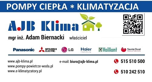 Wizytówka firmy AJB Klima oferującej pompy ciepła i klimatyzację, z logo, adresem e-mail, numerami telefonów, kodem QR i logotypami producentów Panasonic, Mitsubishi Electric, LG, Haier, Vaillant...