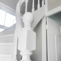 Biała, spiralna klatka schodowa z drewnianą balustradą i ozdobnym słupkiem z kulą na szczycie, widoczna z bliska, z fragmentem okna i drzwi w tle.