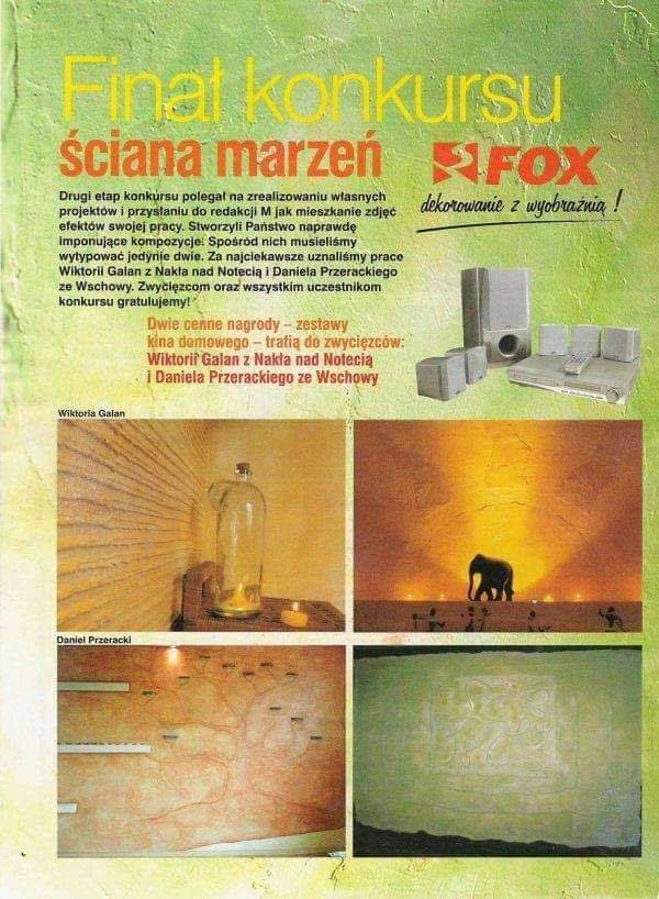 Zdjęcie z ogłoszeniem wyników konkursu 'Ściana Marzeń' firmy FOX, prezentujące zwycięskie projekty dekoracji ścian: butelka na tle ściany, afrykański krajobraz ze słoniem, wzory na ścianie.