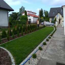 Starannie zagospodarowany pas zieleni z równo przystrzyżonym trawnikiem, obrzeżami z kostki granitowej i nasadzeniami z iglaków i kulistych krzewów, widoczne elementy systemu nawadniania.