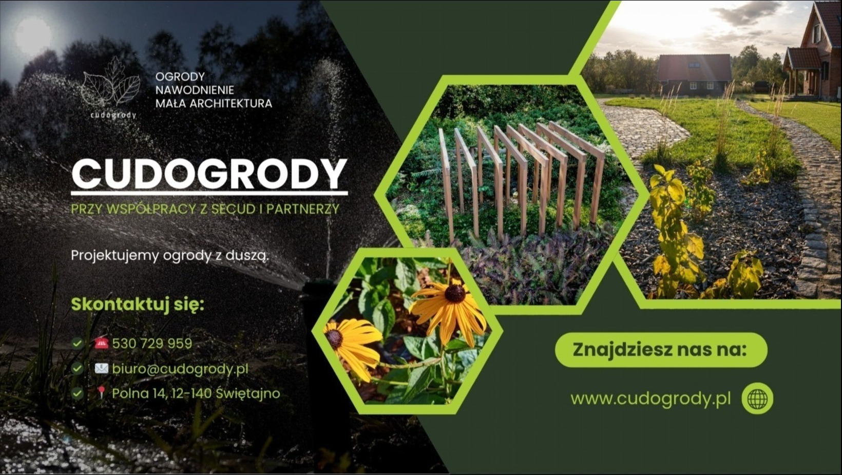 Grafika reklamowa firmy ogrodniczej: nawadnianie, mała architektura, projektowanie ogrodów. Widoczne elementy ogrodu, kwiaty, system nawadniania i drewniana konstrukcja.