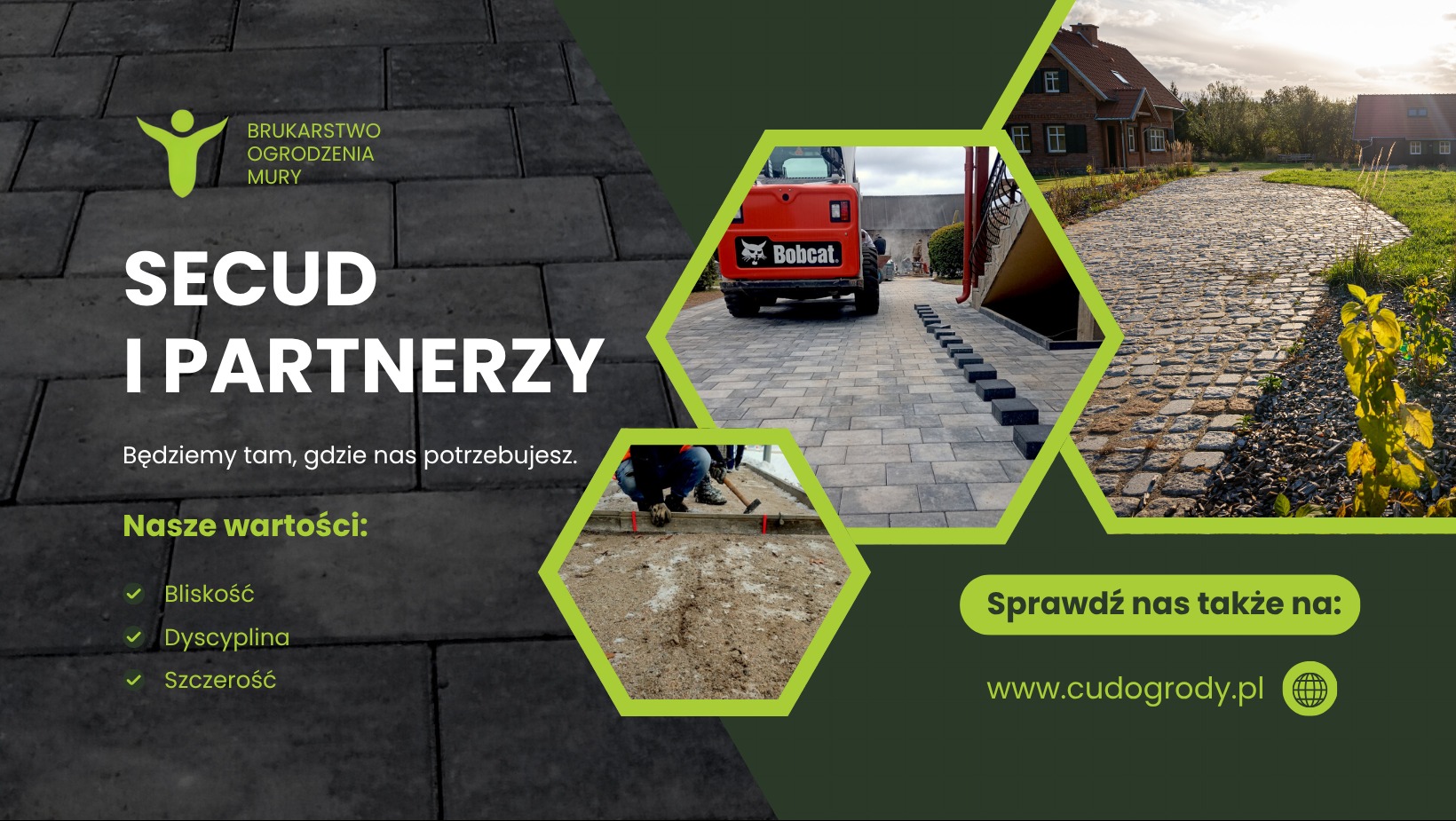 Grafika firmy brukarskiej: logo, wartości, Bobcat na kostce, ekipa przy pracy i gotowa ścieżka z kostki granitowej prowadząca do domu.