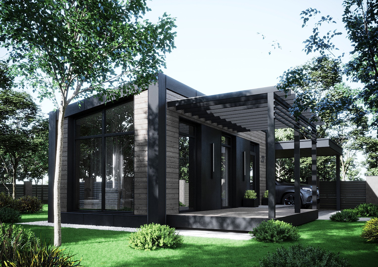 Nowoczesny, parterowy dom z elewacją z jasnego drewna i czarnymi ramami okiennymi, zadaszony taras z pergolą, zadbany trawnik i drzewa.