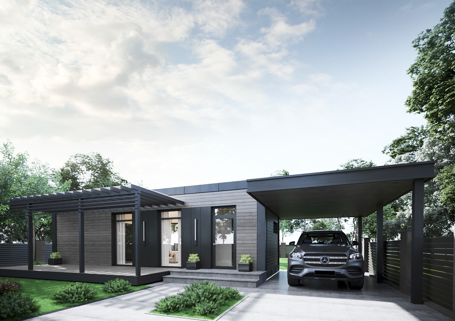 Nowoczesny parterowy dom z szarej deski z zadaszonym miejscem parkingowym i pergolą, otoczony zielenią.