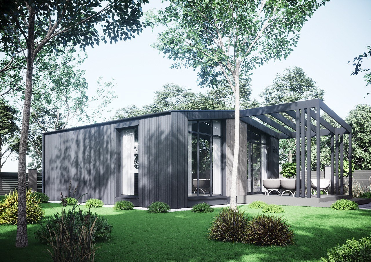 Wizualizacja parterowego domu modułowego w ciemnej kolorystyce z pergolą, otoczonego zielenią, z widocznymi meblami ogrodowymi wewnątrz.