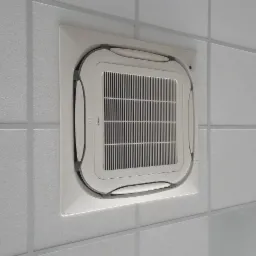 Kasetonowa jednostka klimatyzacji Daikin zamontowana w suficie podwieszanym z widocznymi kratkami wentylacyjnymi.