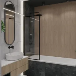 Wizualizacja nowoczesnej łazienki z owalnym lustrem podświetlonym LED, umywalką nablatową na drewnianej szafce, kabiną prysznicową typu walk-in z czarnymi profilami i ścianą wykończoną...