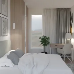 Wizualizacja sypialni w neutralnych barwach z łóżkiem z szarym zagłówkiem, biurkiem z krzesłem, zasłonami w odcieniach szarości i dekoracyjną grafiką na ścianie.