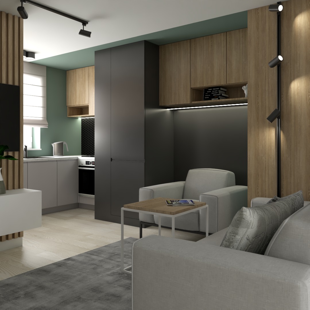 Wizualizacja wnętrza mieszkania: szara sofa z poduszkami, stolik kawowy z magazynem, aneks kuchenny z szarymi szafkami i drewnianymi frontami, oświetlenie punktowe na suficie i ścianie, zielona...