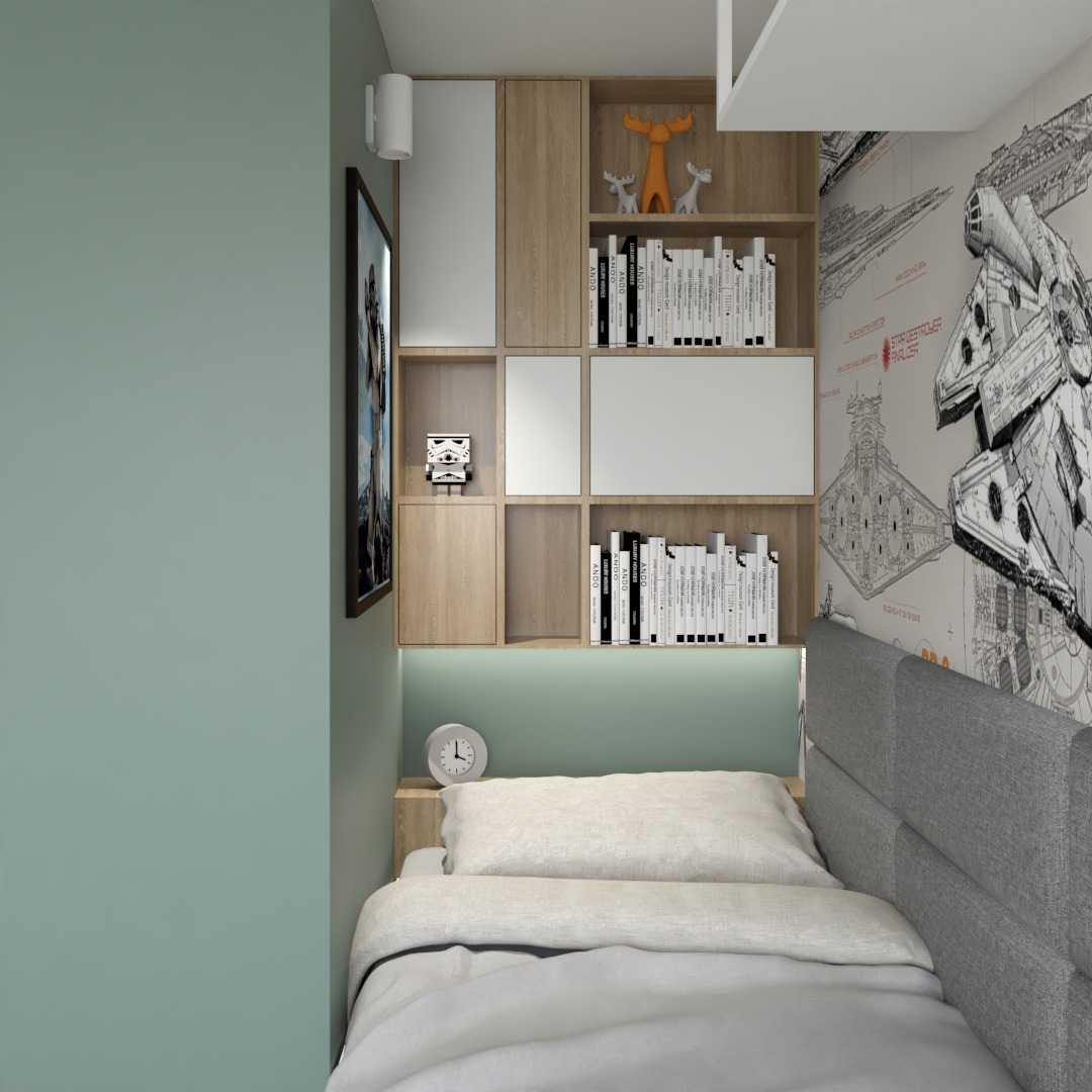 Nowoczesna sypialnia dziecięca z łóżkiem, półkami z książkami i motywem Star Wars na ścianie, oświetlenie LED za zagłówkiem, minimalistyczny design.