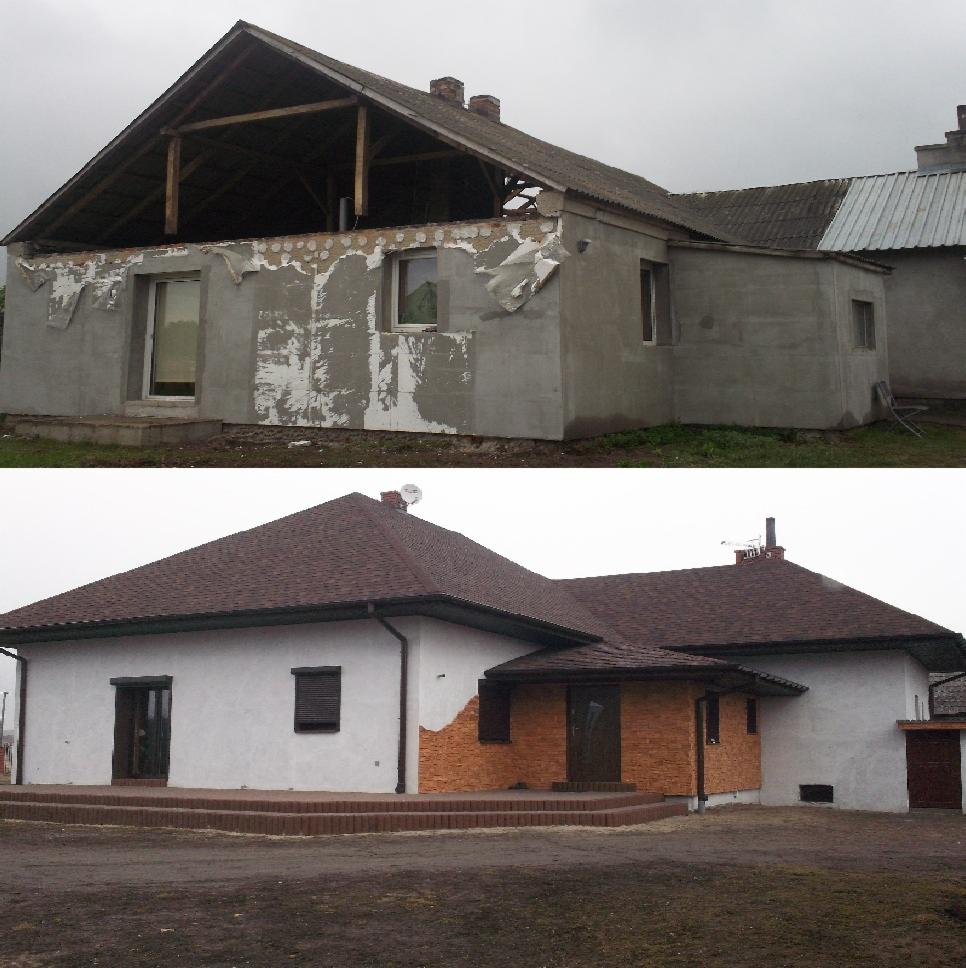 Porównanie stanu domu przed i po remoncie: surowa elewacja z ubytkami tynku i odsłoniętą konstrukcją dachu kontra ocieplony budynek z nowym dachem, elewacją w kolorze białym i fragmentem...