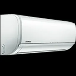 Biała jednostka wewnętrzna klimatyzatora z widocznym logo producenta, zamontowana na ścianie na czarnym tle.