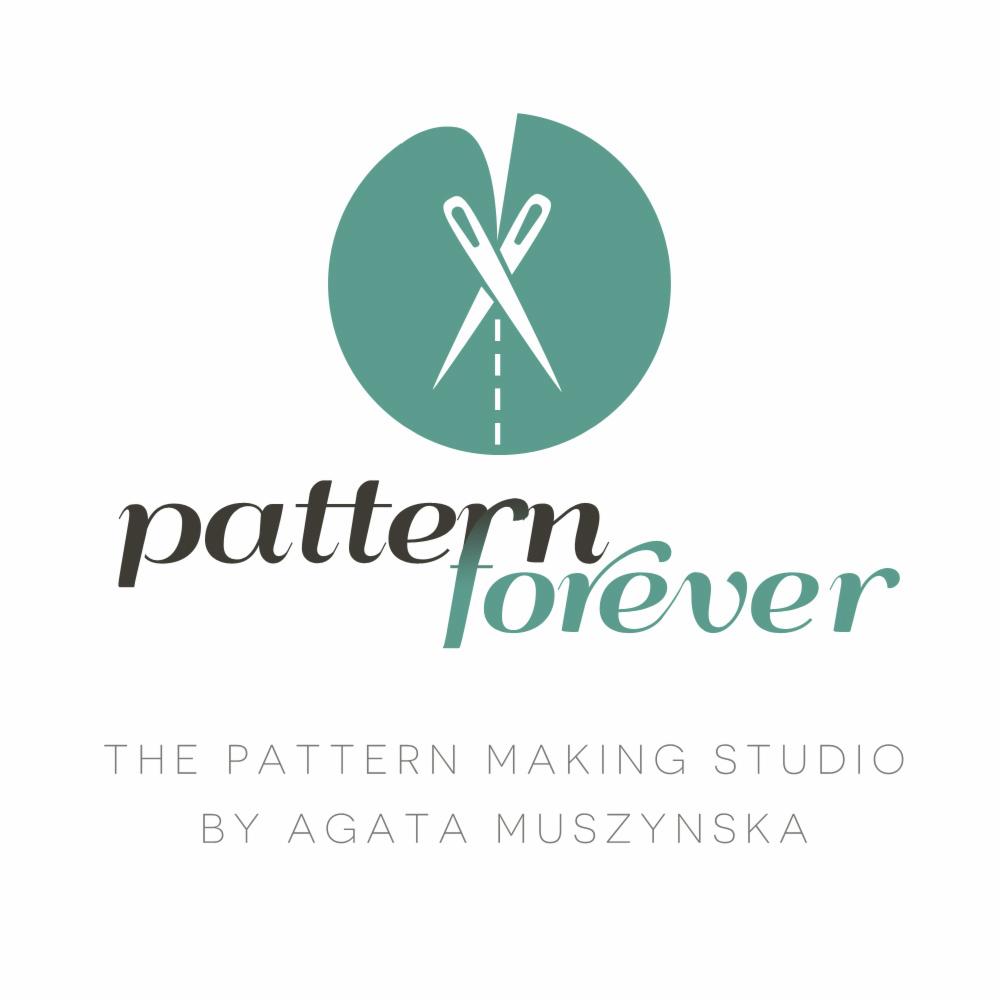 Logo firmy 'Pattern Forever': zielony okrąg z białymi nożyczkami i igłą, poniżej nazwa firmy i dopisek 'The Pattern Making Studio by Agata Muszynska'.