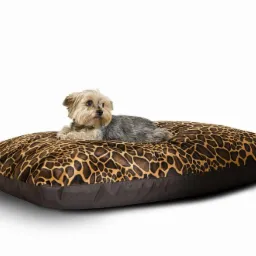 Yorkshire Terrier leży na brązowej poduszce w cętki żyrafy, wykończonej ciemnobrązową lamówką.