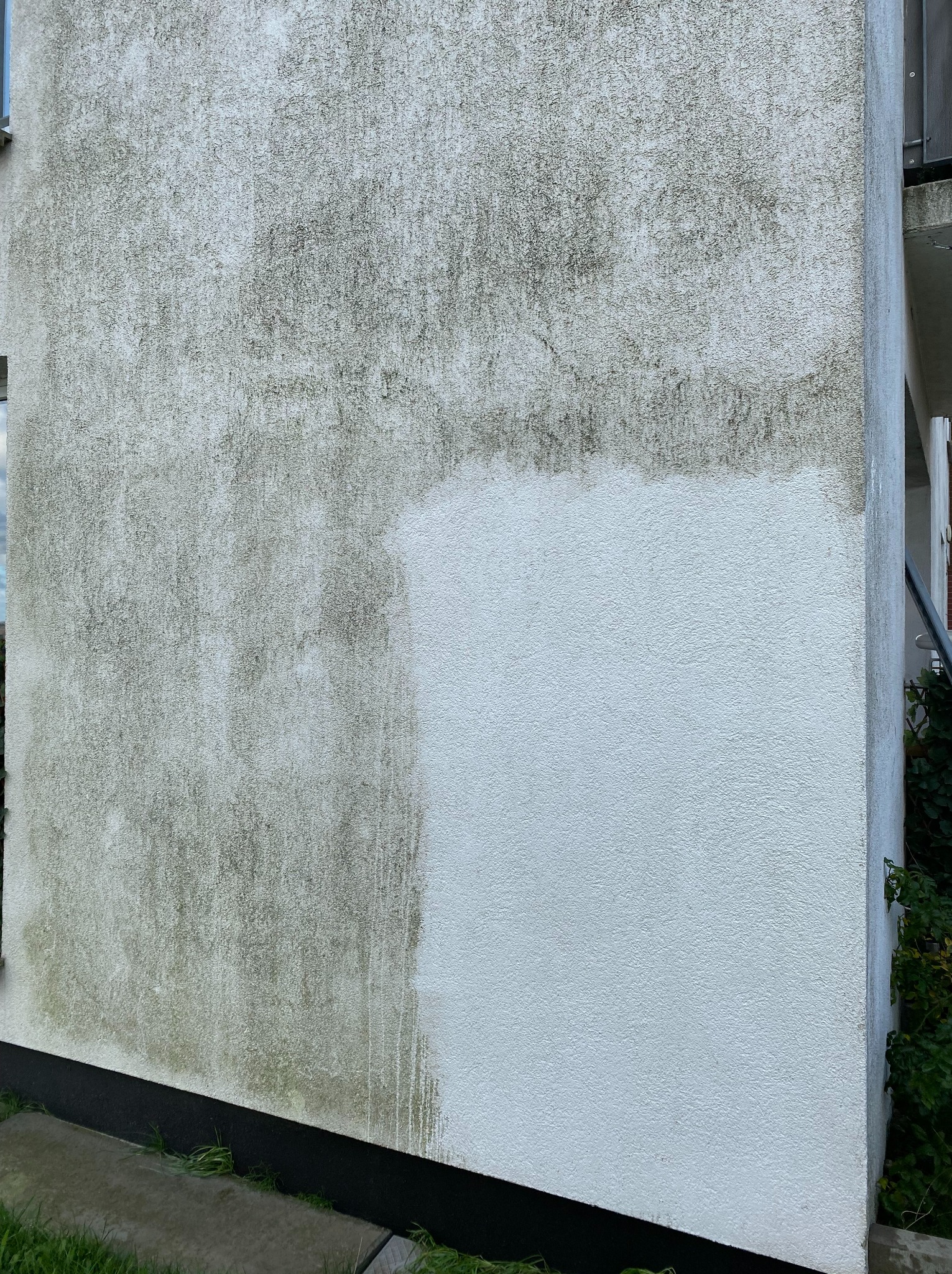 Fragment elewacji budynku z widoczną różnicą po czyszczeniu. Lewa strona pokryta zabrudzeniami, prawa czysta, ukazująca efekt mycia.