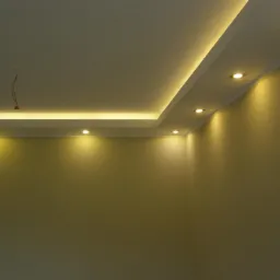 Nowoczesny sufit podwieszany z oświetleniem LED punktowym i taśmowym, świeżo pomalowane ściany w neutralnym odcieniu, widoczne kable w jednym miejscu.