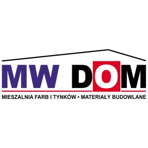 Logo firmy MW Dom: niebieski napis 'MW' i 'DOM' w czerwonym kwadracie, pod spodem 'Mieszalnia Farb i Tynków • Materiały Budowlane'.
