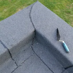 Krawędź dachu pokryta papą z widocznymi spoinami i leżącą obok kielnią z niebieską rączką, na tle zielonego trawnika.