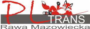 Logo firmy transportowej: czerwone litery 'PL' z lisem leżącym na szarym pasku, napis 'TRANS' i 'Rawa Mazowiecka' poniżej.
