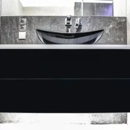 Czarna, owalna umywalka na szafce z dwoma szufladami w nowoczesnej łazience z szarymi płytkami i chromowaną armaturą.