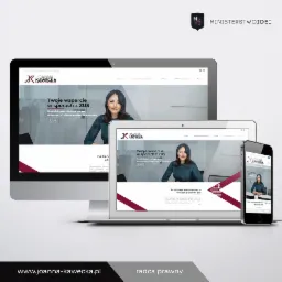 Responsywna strona internetowa radcy prawnego Joanny Kaweckiej, wyświetlana na monitorze, laptopie i smartfonie z widoczną sekcją 'Twoje wsparcie w sporach z ZUS'.