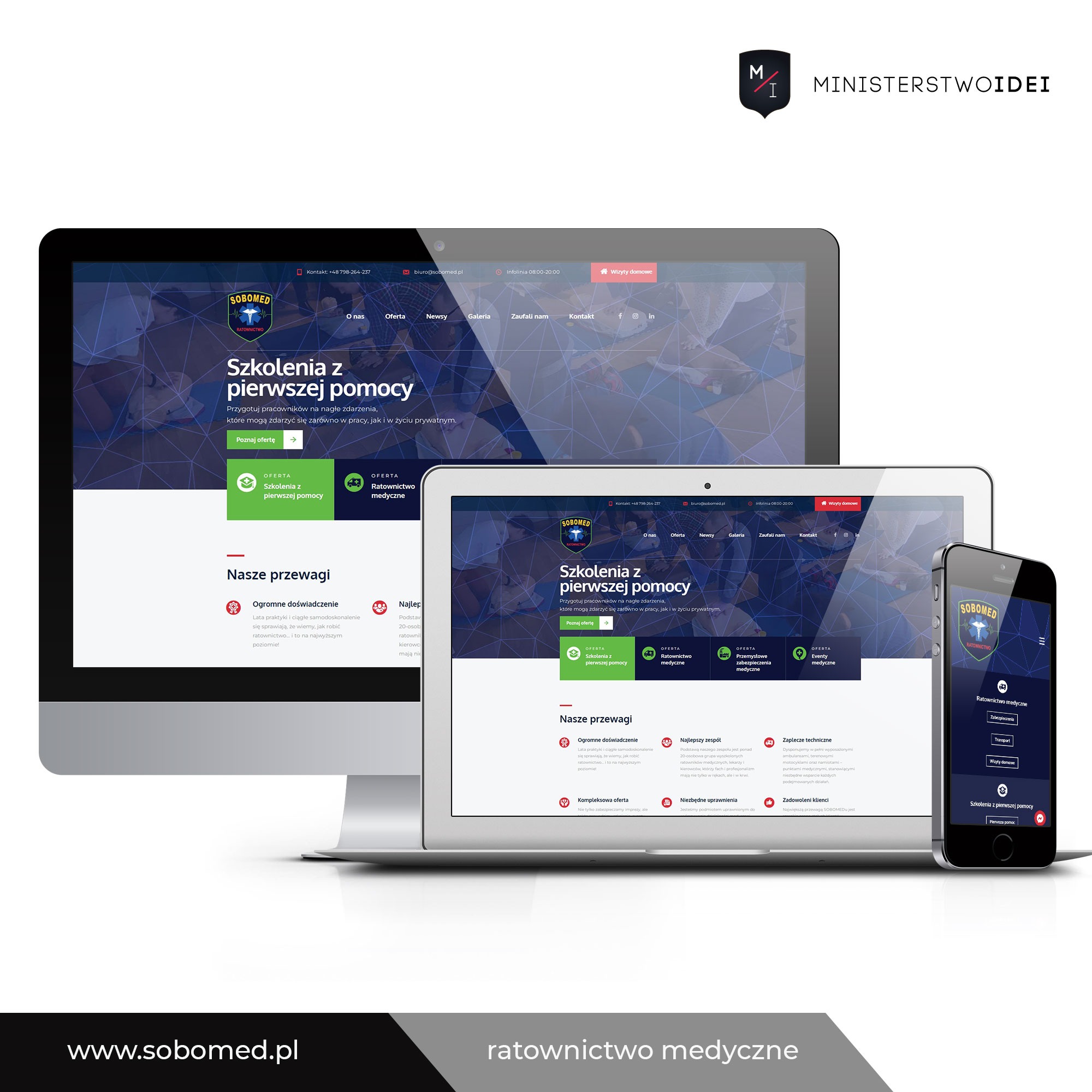 Responsywny design strony internetowej Sobomed na monitorze, tablecie i smartfonie, prezentujący ofertę szkoleń z pierwszej pomocy i ratownictwa medycznego.