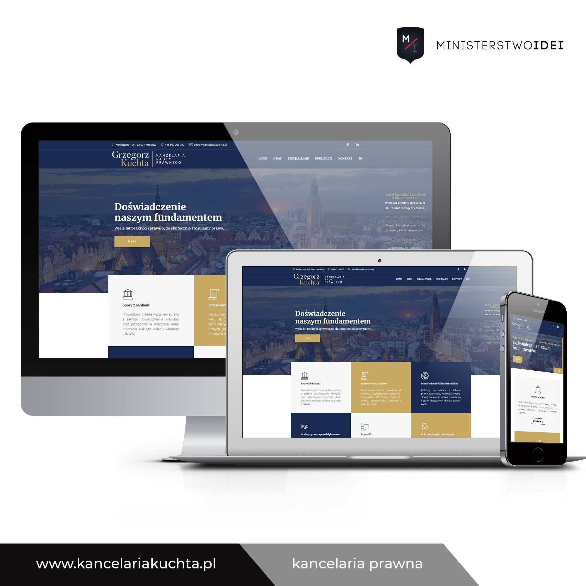 Responsywna strona internetowa kancelarii prawnej Grzegorz Kuchta wyświetlana na monitorze, laptopie i smartfonie, prezentująca ofertę usług prawnych.